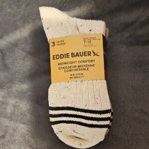 NWT Eddie Bauer Cream, Brown & Navy Midweight Mid-crew Socks 3 Pair Pack Sz 7-12